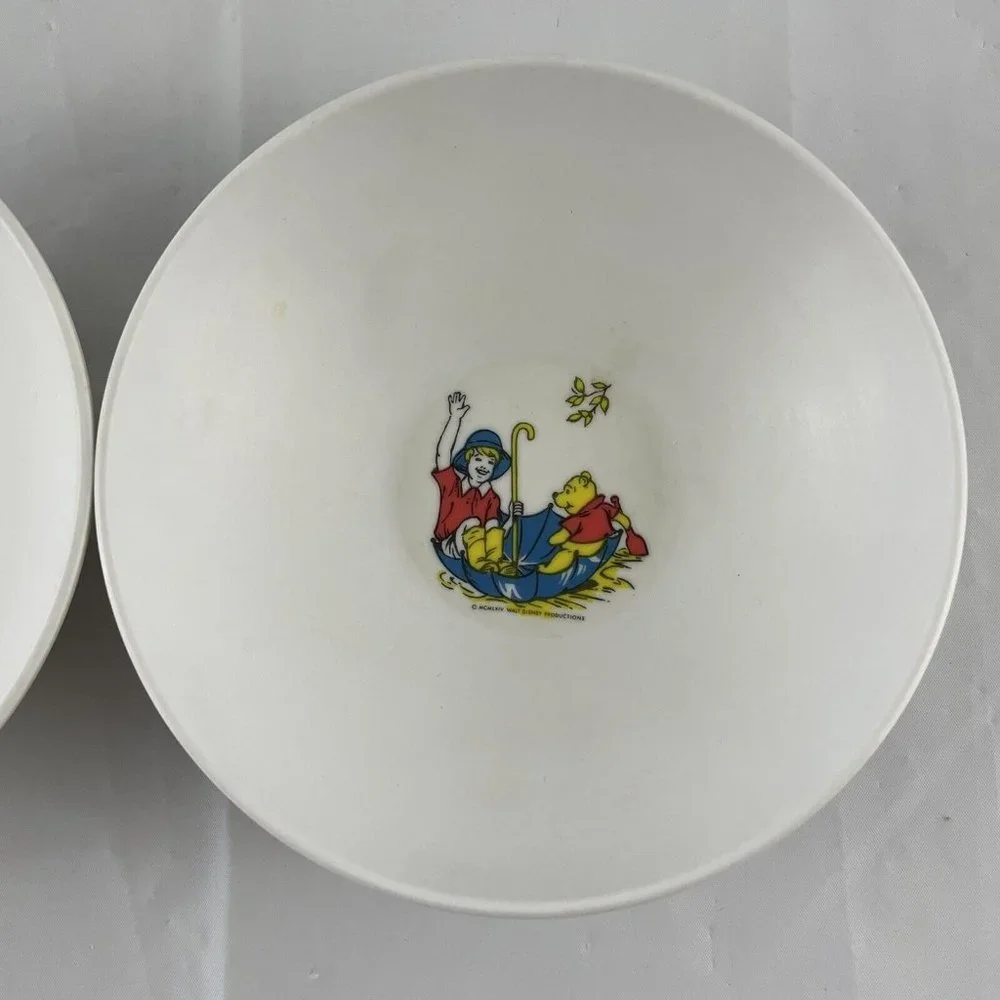 Disney‎ Winnie the Pooh 1964 Two Melamine Bowls Christopher Robin Umbrella Vtg